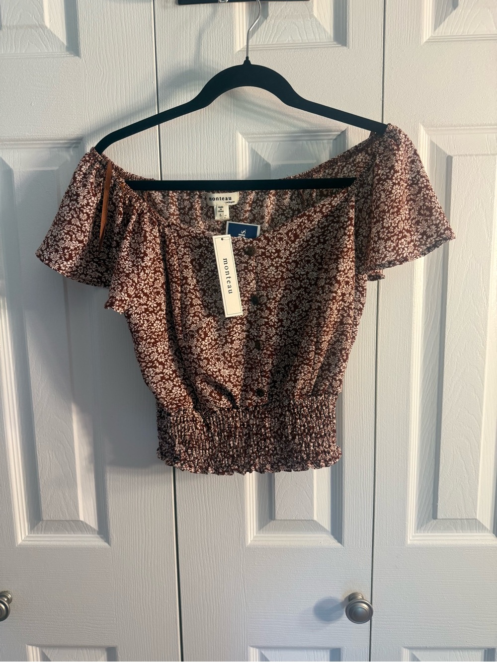 Monteau Brown Floral Off-Shoulder Smocked Crop Top
